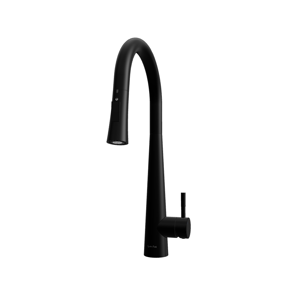 3D model of Arcus Touch Kitchen Faucet with Pull-Down Sprayer in matte black finish — detailed visualization of minimalist design and touch-on functionality by Signature Faucets. #color_matte black
