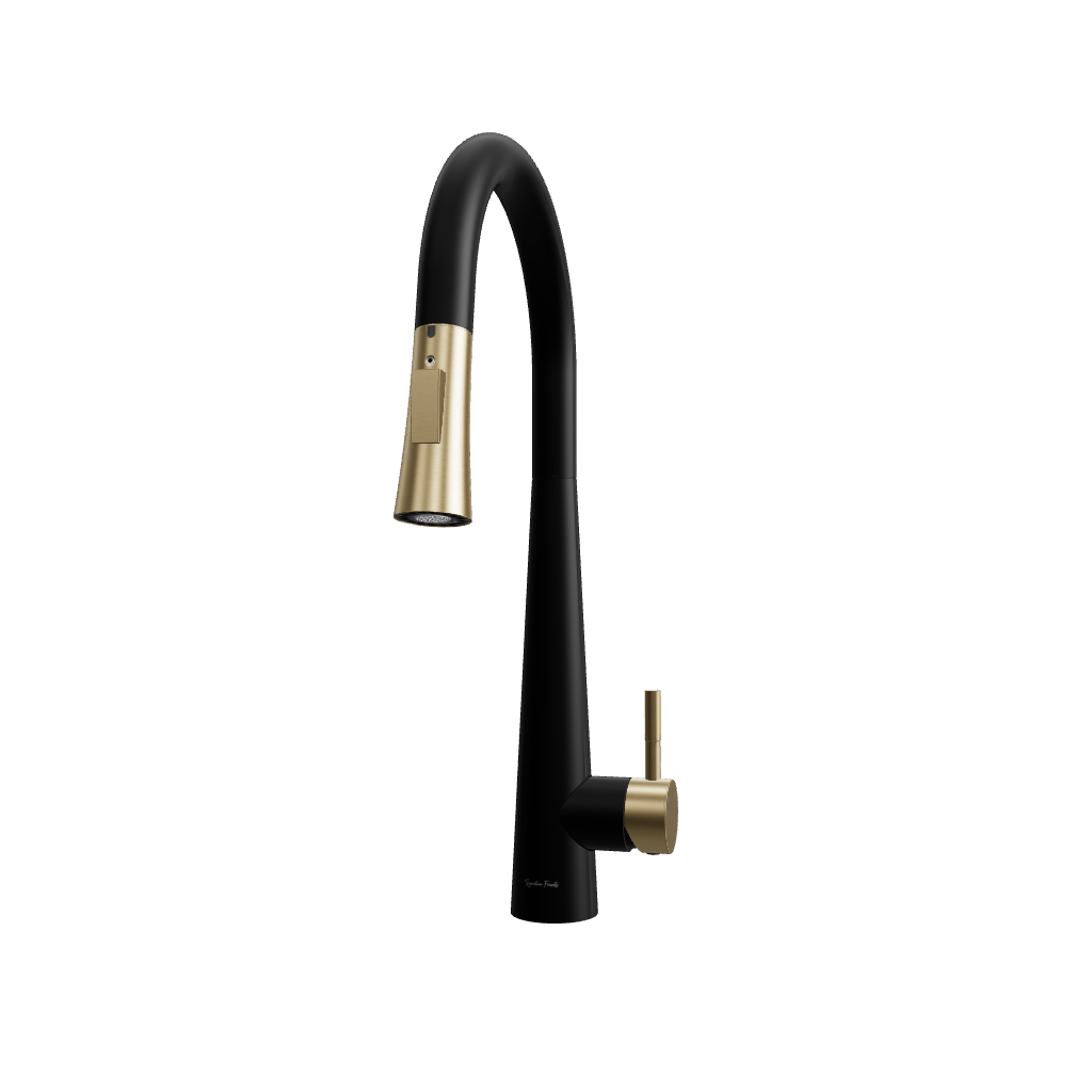 3D model of Arcus Touch Kitchen Faucet with Pull-Down Sprayer in polished matte black and brushed gold finish — interactive rendering emphasizing reflective surface and modern touch activation by Signature Faucets. #color_matte black and brushed gold