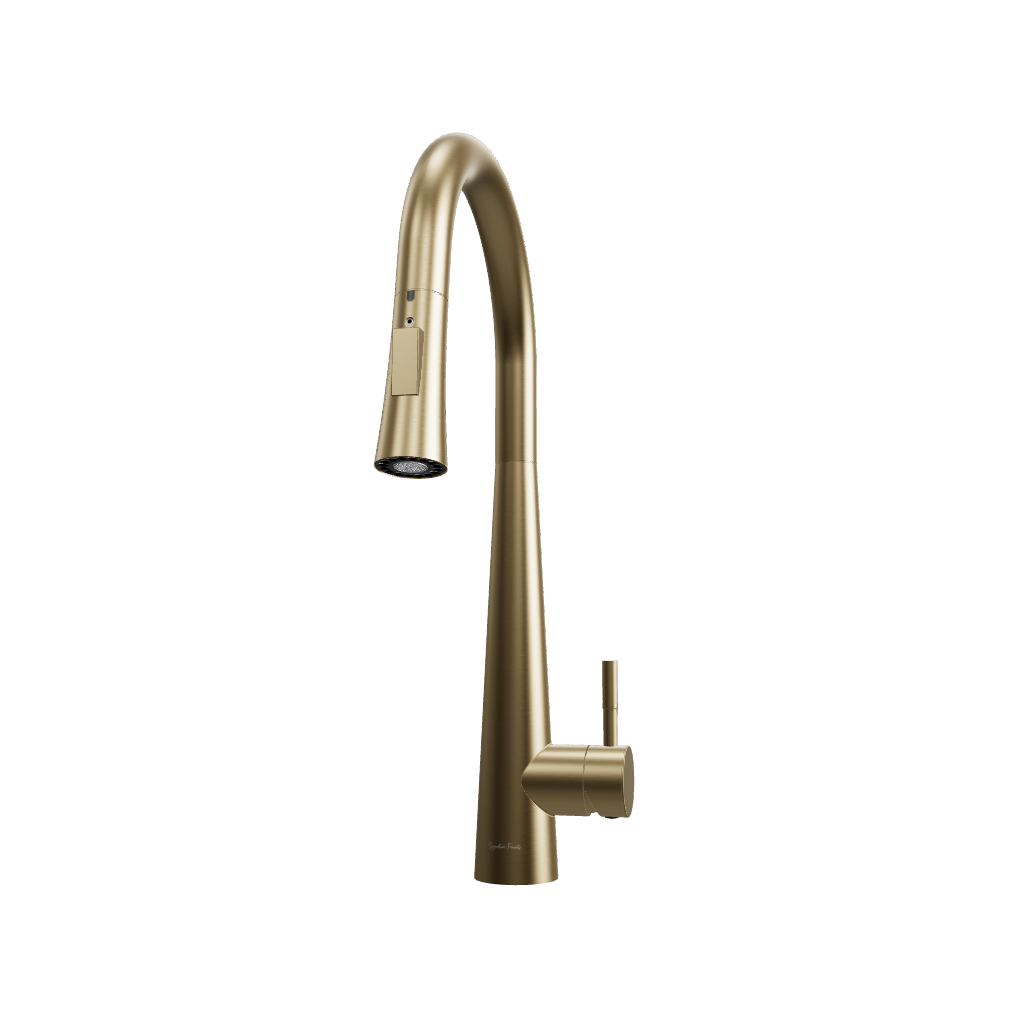 3D model of Arcus Touch Kitchen Faucet with Pull-Down Sprayer in brushed gold finish — realistic rendering highlighting luxury metallic tone and touch-activated smart faucet technology by Signature Faucets. #color_brushed gold