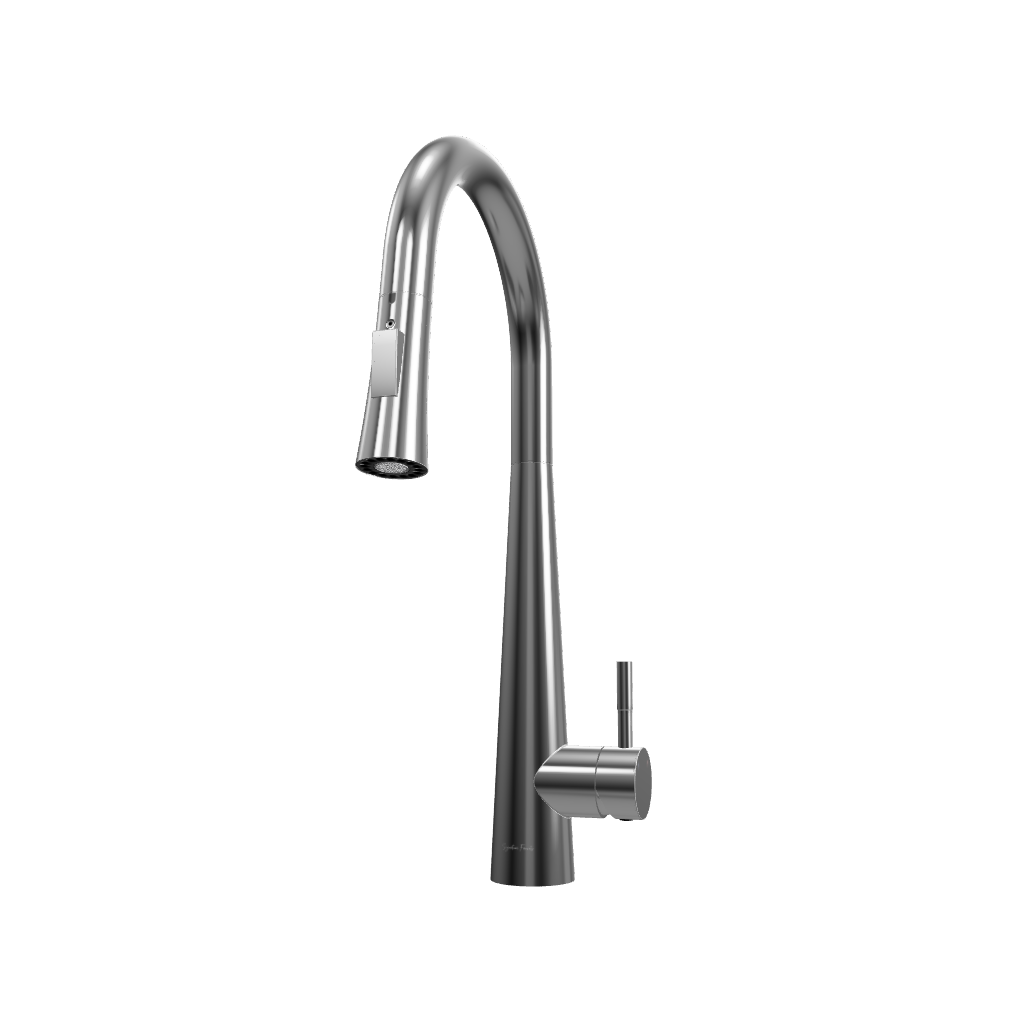 3D model of Arcus Touch Kitchen Faucet with Pull-Down Sprayer in polished chrome finish — interactive rendering emphasizing reflective surface and modern touch activation by Signature Faucets. #color_chrome