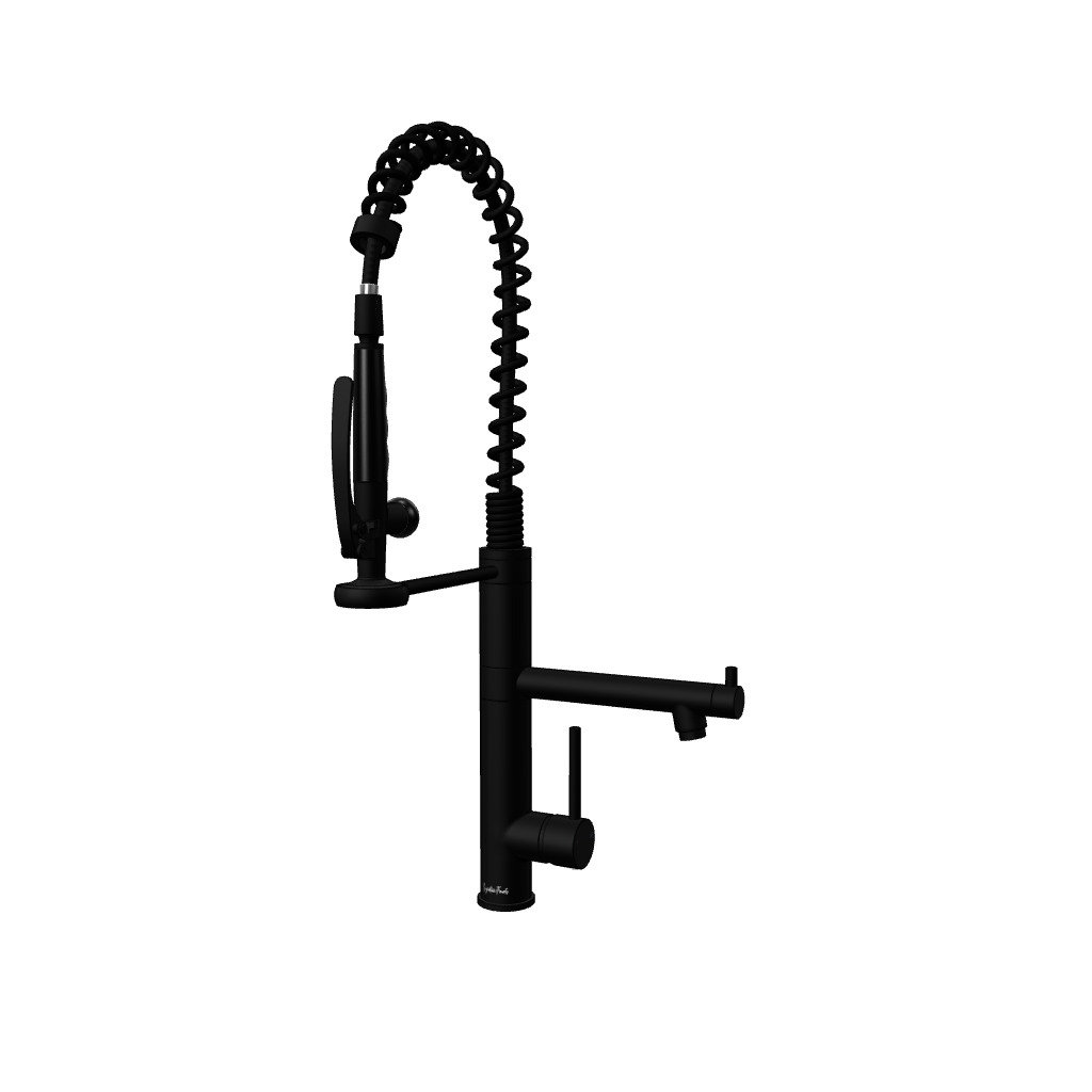 Interactive 3D view of the Klempner matte black kitchen faucet with pull down sprayer and 360-degree swivel spout. #color_matte black