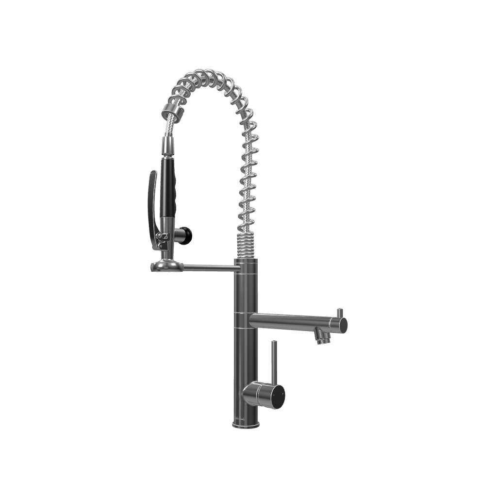 High-definition 3D model of the Chrome Klempner professional kitchen faucet featuring dual lever handles and pull-out spray. #color_chrome