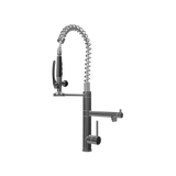 High-definition 3D model of the Chrome Klempner professional kitchen faucet featuring dual lever handles and pull-out spray. #color_chrome