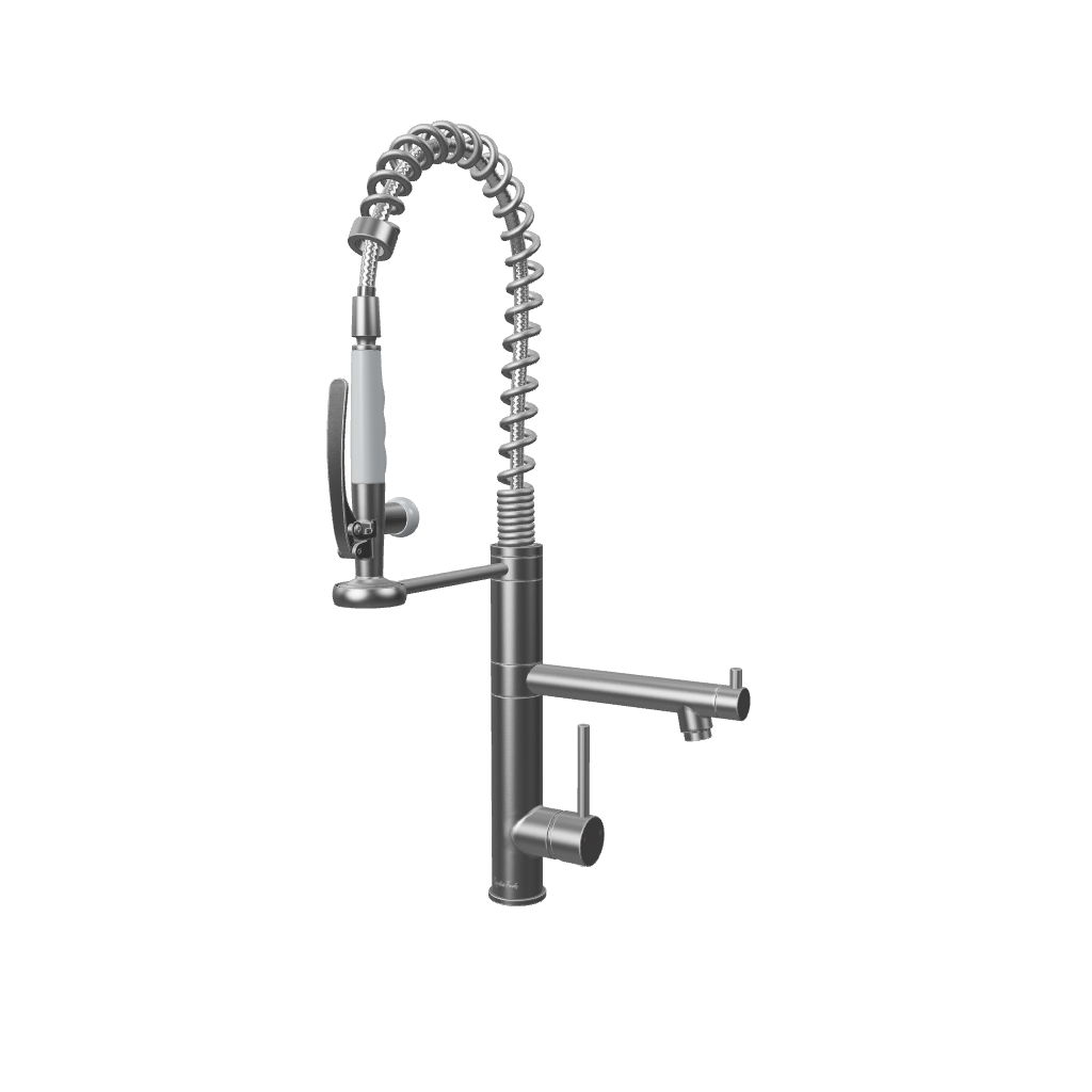 3D model of Klempner professional pull down spray dual handle swivel spout kitchen faucet in Brushed Nickel finish, lead-free stainless steel. #color_brushed nickel