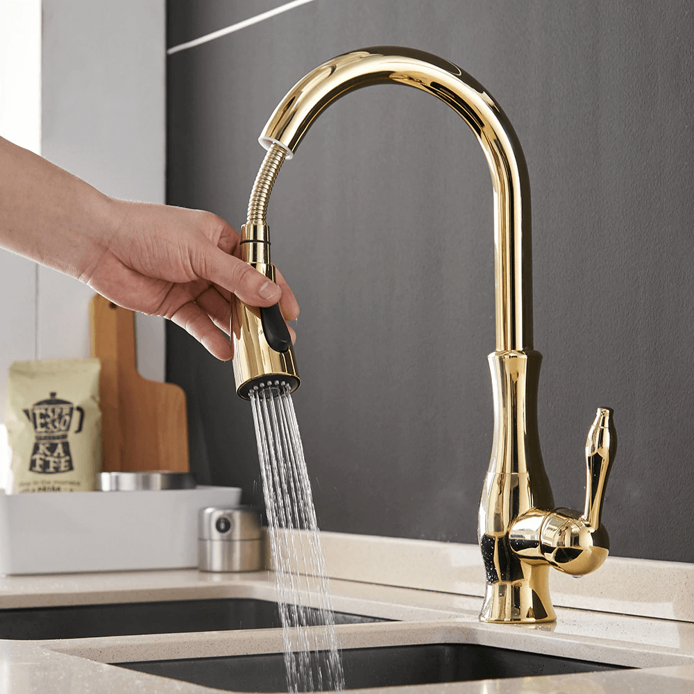 Kitchen Faucet - Victorian Single-Hole Kitchen Faucet With Pull Out Spout - undefined - Signature Faucets #color_gold