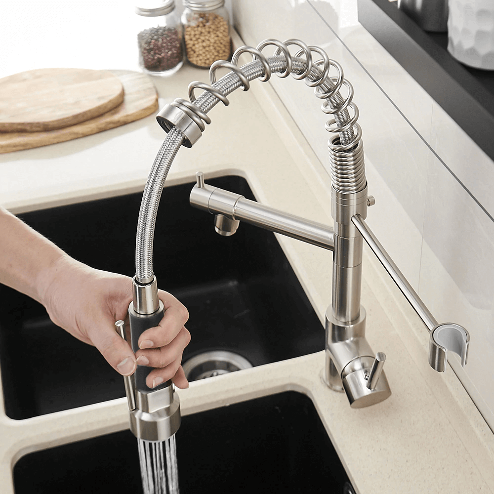 Kitchen Faucet - Spiro Single-Hole Dual Handle Kitchen Faucet with Pull-Down Spring Spout - undefined - Signature Faucets #color_brushed nickel