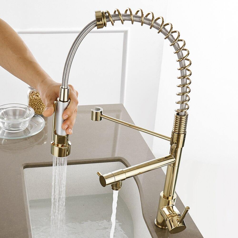 Kitchen Faucet - Spiro Single-Hole Dual Handle Kitchen Faucet with Pull-Down Spring Spout - undefined - Signature Faucets #color_gold