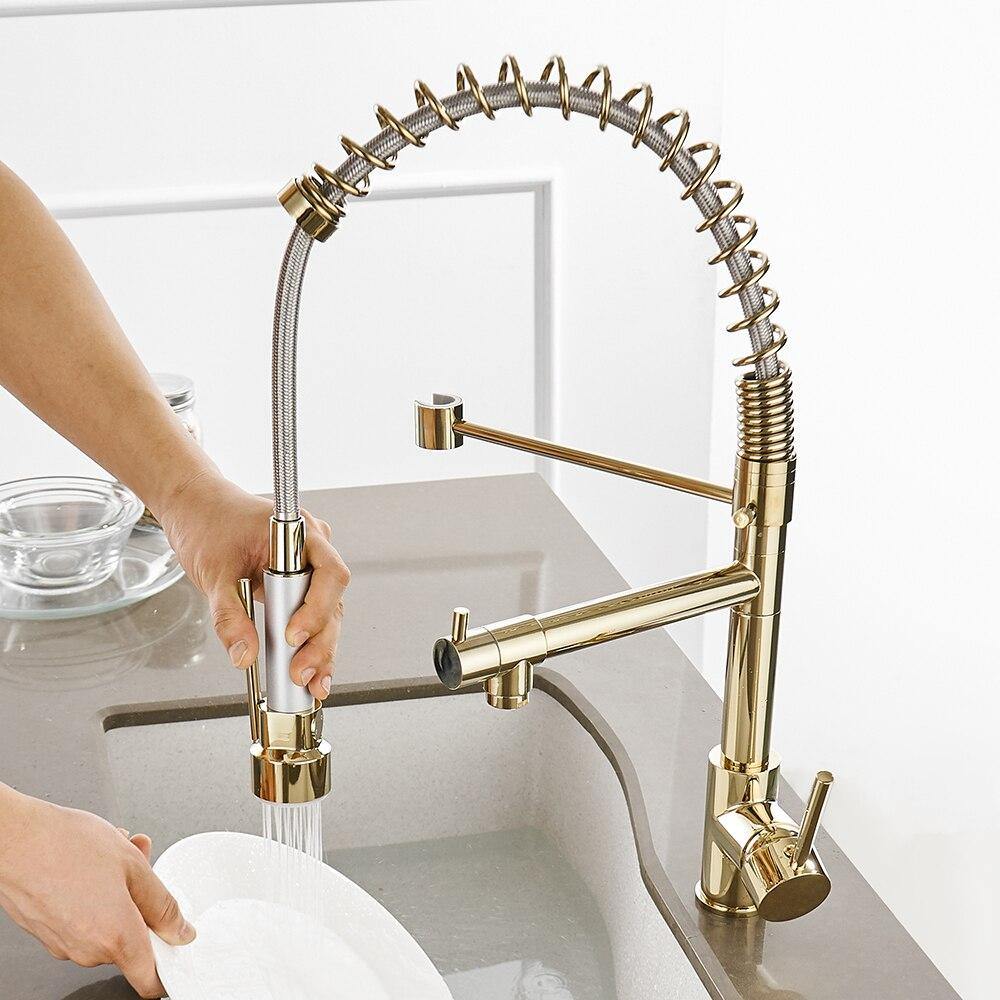 Kitchen Faucet - Spiro Single-Hole Dual Handle Kitchen Faucet with Pull-Down Spring Spout - undefined - Signature Faucets #color_gold