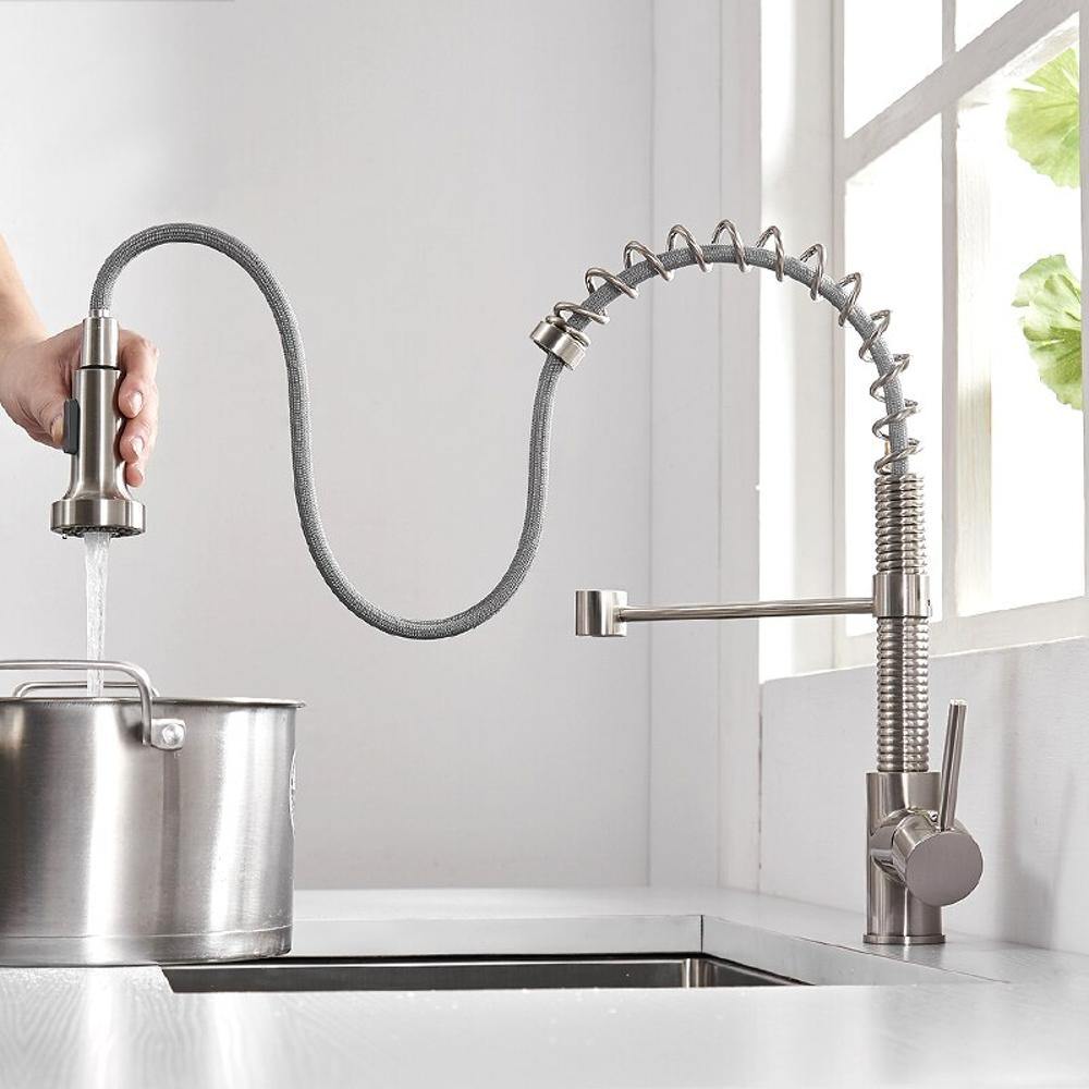 Kitchen Faucet - Spiro v2.0 Single-Hole Kitchen Faucet with Pull-Down Spring Spout - undefined - Signature Faucets #color_brushed nickel