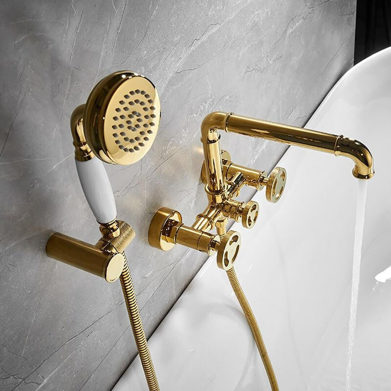 Unlacquered Brass Wall Mount Bath Tub Filler, Brass Bathroom Wall Mounted Bathtub  Faucet With Telephone Hand Shower